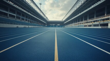 Empty blue running track inside a modern stadium, with lanes clearly marked, ready for an upcoming athletic event under a partly cloudy sky.