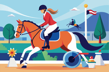 Obraz premium A Paralympic equestrian rider practices in a vibrant landscape surrounded by mountains and greenery, Customizable Paralympic equestrian illustration