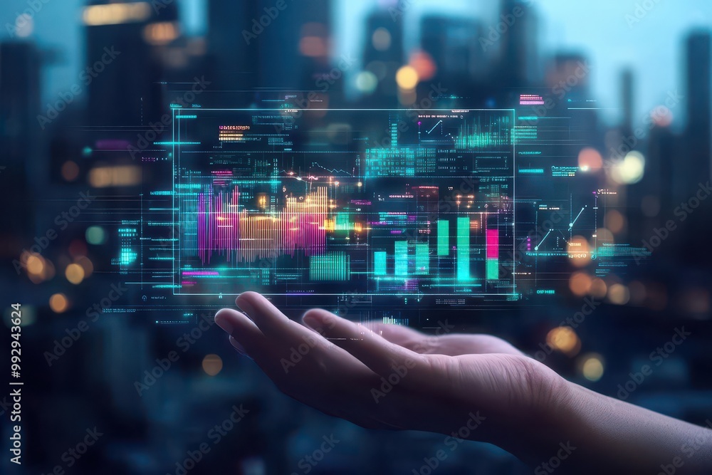 Poster digital marketer, advanced hologram analytics, floating graphs, futuristic cityscape background