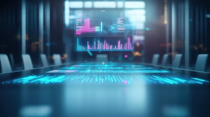 Digital sales meeting, holographic lead generation presentation, floating analytics, sleek room