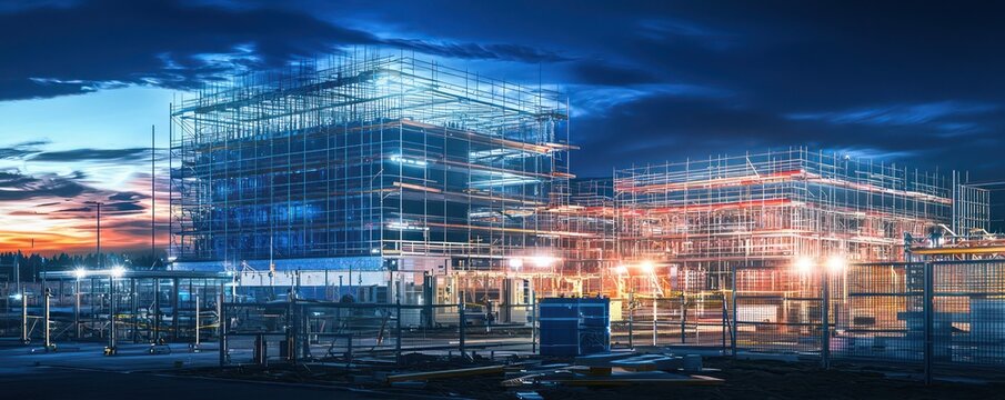 Night view of a futuristic data center under construction, highlighting the security perimeters and energy-efficient cooling systems