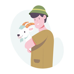 A man hugging pet goat, a flat style illustration 