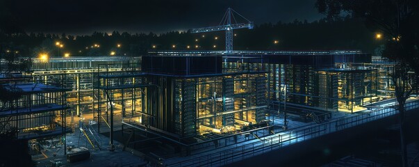 Fototapeta premium Night view of a futuristic data center under construction, highlighting the security perimeters and energy-efficient cooling systems