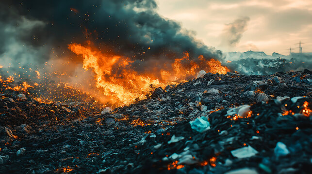 A large garbage dump of trash is on fire, Environmental crisis, Climate change
