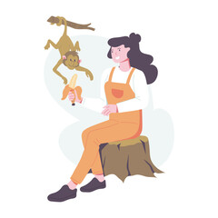 A woman feeding monkey, a flat illustration 