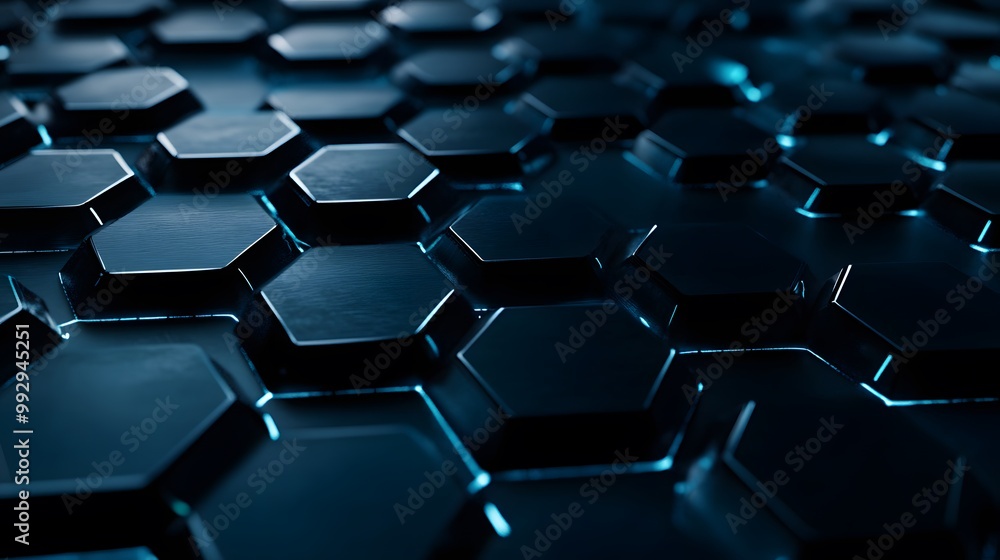 Poster abstract pattern of interlocking hexagonal shapes with blue glowing edges