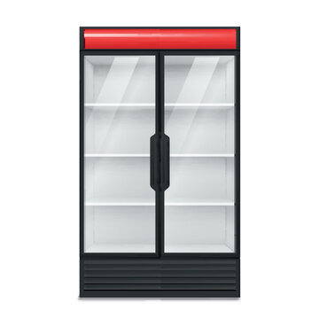 Commercial refrigerator with glass two doors supermarket cooler cupboard realistic vector