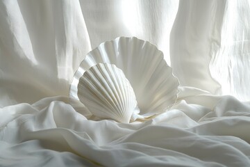 White seashell on white fabric with light shining through