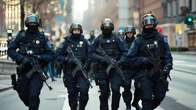 Group of Police Officers in Full Riot Gear Walking Down a City Street
