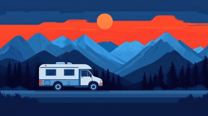 Obraz premium Retro RV stopped at a scenic viewpoint, travelers enjoying the sunset, warm glow enveloping the scene, representing the joy and peace of a road trip