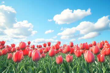 A vibrant field of red tulips blooms under a clear blue sky, a breathtaking display of spring's beauty