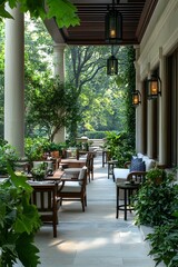 Fototapeta premium A Sunlit Terrace With Comfortable Seating And Lush Greenery. The Calm Environment Is Perfect For Sipping Tea