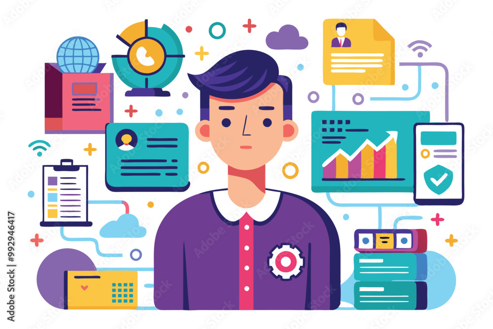 Poster A user engages with various digital elements and analytics tools in a customizable data illustration, Customizable personal data illustration that is disproportionate.