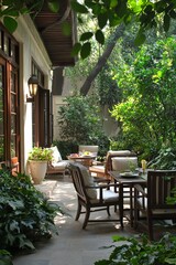 Fototapeta premium A Sunlit Terrace With Comfortable Seating And Lush Greenery. The Calm Environment Is Perfect For Sipping Tea