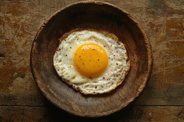 A Perfectly Fried Egg with Black Pepper on a Rustic Wooden Plate