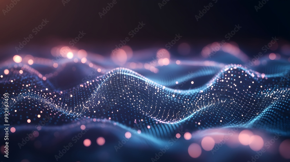Poster abstract wavy grid with glowing points and bokeh