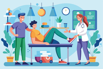 A physiotherapist assists a patient with leg exercises in a bright and welcoming clinic environment, Customizable physiotherapy illustration.