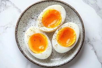 Three Hard-Boiled Eggs with Black Pepper on a Speckled Plate