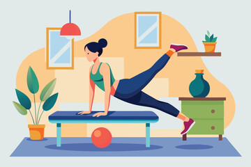 A woman performs Pilates on a reformer in a stylish, well-decorated interior with plants and natural light, Customizable Pilates Flat Illustration
