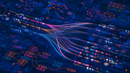 Big data technology Data science analysing artificial intelligence generative AI deep learning machine learning algorithm Neural flow network analytics innovation abstract futuristic. 3d rendering..