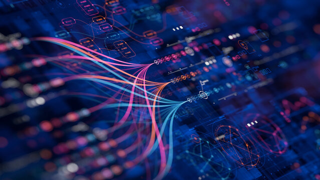 Big data technology Data science analysing artificial intelligence generative AI deep learning machine learning algorithm Neural flow network analytics innovation abstract futuristic. 3d rendering..