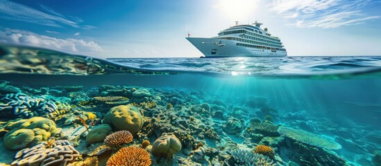Elegant cruise ship gliding through the vibrant coral reefs and clear waters of the Maldives, with bright sunlight.