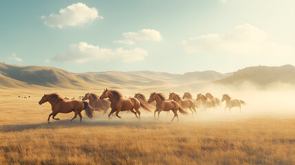 Vibrant Shot of a Herd of Wild Horses Running Across an Open Plain with Dust Kicked Up by Their Hooves