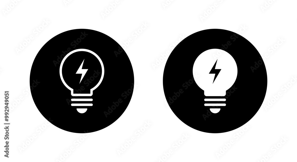 Poster light bulb with thunderbolt icon on black circle. lamp with lightning sign symbol