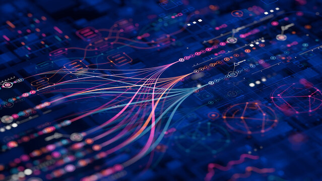Big data technology Data science analysing artificial intelligence generative AI deep learning machine learning algorithm Neural flow network analytics innovation abstract futuristic. 3d rendering..