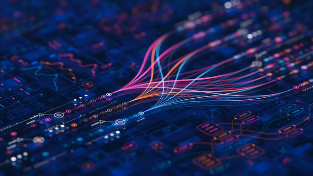 Big data technology Data science analysing artificial intelligence generative AI deep learning machine learning algorithm Neural flow network analytics innovation abstract futuristic. 3d rendering..