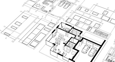 house architectural project sketch 3d illustration