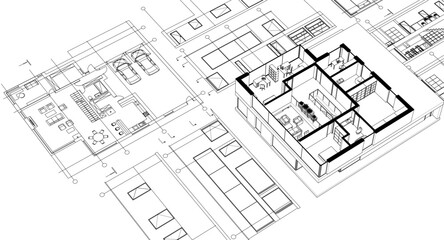 Fototapeta premium house architectural project sketch 3d illustration