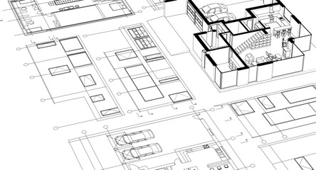 house architectural project sketch 3d illustration