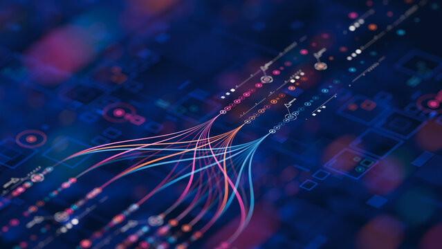 Big data technology Data science analysing artificial intelligence generative AI deep learning machine learning algorithm Neural flow network analytics innovation abstract futuristic. 3d rendering.. - Powered by Adobe