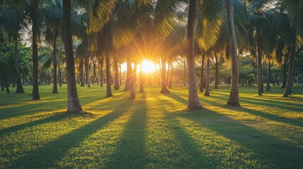 Obraz premium A serene landscape with palm trees and sunlight filtering through, creating a tranquil atmosphere.