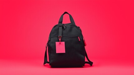 Fototapeta premium Minimalist black backpack with pink price tags against vibrant red background, fashion accessory, retail display, modern product photography