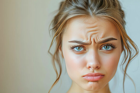 Young woman making an angry face showing wrinkles on her forehead