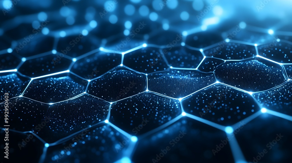 Poster abstract blue network of hexagons with glowing lines