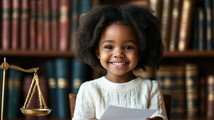 Cute dark skinned child smiling and holding court paper on table scales