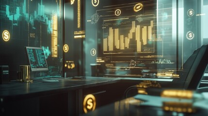 A modern office desk with a golden holographic financial interface displaying graphs and currency symbols in a high-tech environment