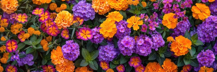 Panorama of Orange and Purple Flowers: Phlox and Marigold Bloom