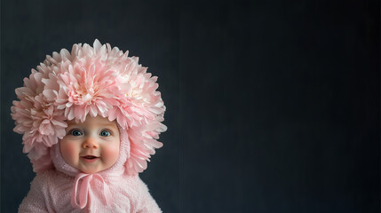 Fototapeta premium Adorable baby in a pink knitted outfit and flower hat, smiling joyfully. A sweet and charming image capturing innocence and warmth with a playful floral theme.