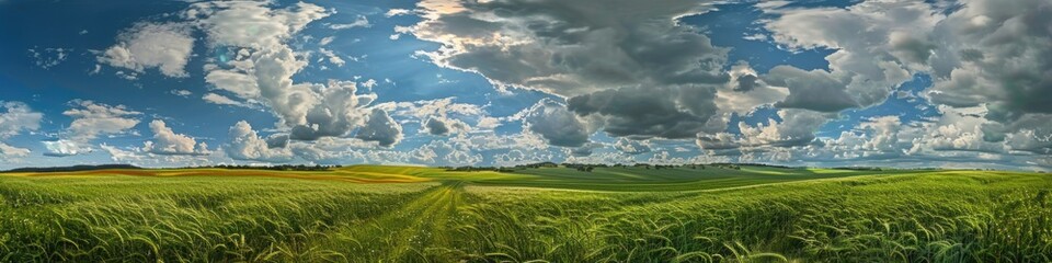 Obraz premium Panoramic Summer Landscape: Fields of Green with Blue Sky and Clouds