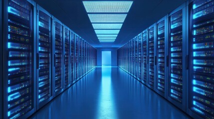 A corridor lined with illuminated server racks in a data center.