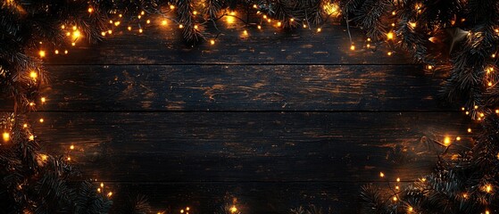 Obraz premium Festive holiday lights on rustic wooden background