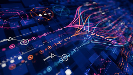 Big data technology Data science analysing artificial intelligence generative AI deep learning machine learning algorithm Neural flow network analytics innovation abstract futuristic. 3d rendering..