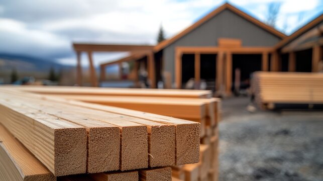 Lumber stacked at a construction site with a modern wooden house being built in the background, showcasing outdoor building materials.