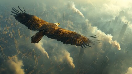 Fototapeta premium Majestic eagle gracefully soars above a cityscape blanketed in clouds and mist at sunrise, capturing the essence of freedom and nature's beauty.
