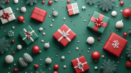 Luxurious Red and Green Festive Gift Wrapping 3D Illustration with Metallic Accents in 8K Resolution