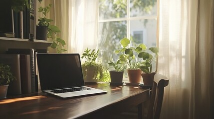Fototapeta premium A cozy workspace bathed in natural light, featuring a laptop and various indoor plants on a wooden desk next to a sunny window.
